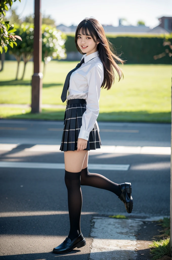 absurdres, 8K raw photo, best quality, ultra high res, 1girl, looking at viewer, natural skin texture, realistic eye and face details, smile, beautiful legs, skinny, slim legs, solo, ageyo sal, JAPANESE girl, sunshine, shiny hair, skirt, loose necktie, socks, shoes, , plaid, plaid skirt, shirt, loafers, knee highs, pleated skirt, full body, black footwear, black socks, realistic, (standing), sunshine, (((depth of field:1.4))), smile, absurdres, , detailed face, detailed eyes, see-through bangs,