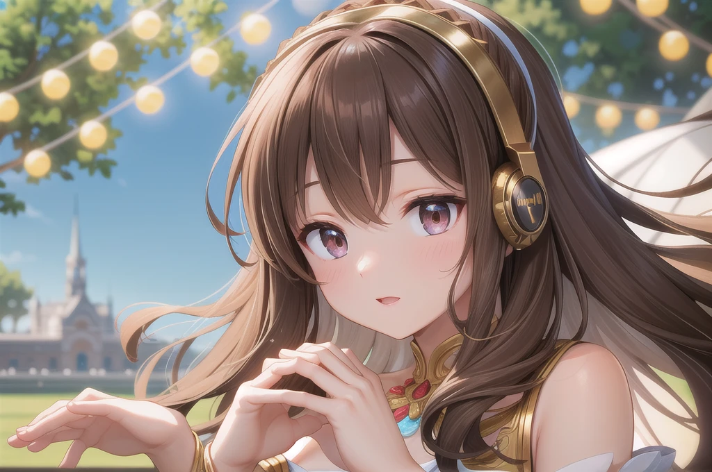 Beauty DJ,headphone,Distant shots,Godley,Brown Hair,Delicate fingers,Five Fingers,Delicate facial features,wearing gorgeous costume,Outdoor festival venue,Perfect buildings,From the audience's perspective,4K,masterpiece,high quality,