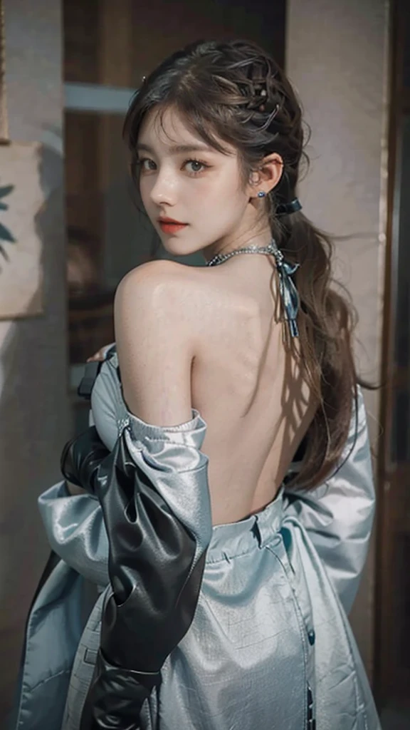 1girl, aqua eyes, back, bangs, bare shoulders, black gloves, blue eyes, braid, choker, earrings, fingerless gloves, from behind, gloves, grey hair, holding, jacket, jewelry, long hair, looking at viewer, looking back, nail polish, off shoulder, parted lips, piercing, ponytail, red jacket, solo, upper body,baiyi,[[realistic]],(shiny skin),(masterpiece:1.4),(best quality:1.4)