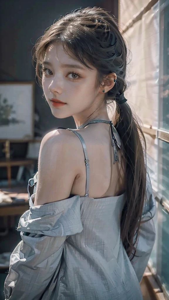 1girl, aqua eyes, back, bangs, bare shoulders, black gloves, blue eyes, braid, choker, earrings, fingerless gloves, from behind, gloves, grey hair, holding, jacket, jewelry, long hair, looking at viewer, looking back, nail polish, off shoulder, parted lips, piercing, ponytail, red jacket, solo, upper body,baiyi,[[realistic]],(shiny skin),(masterpiece:1.4),(best quality:1.4)