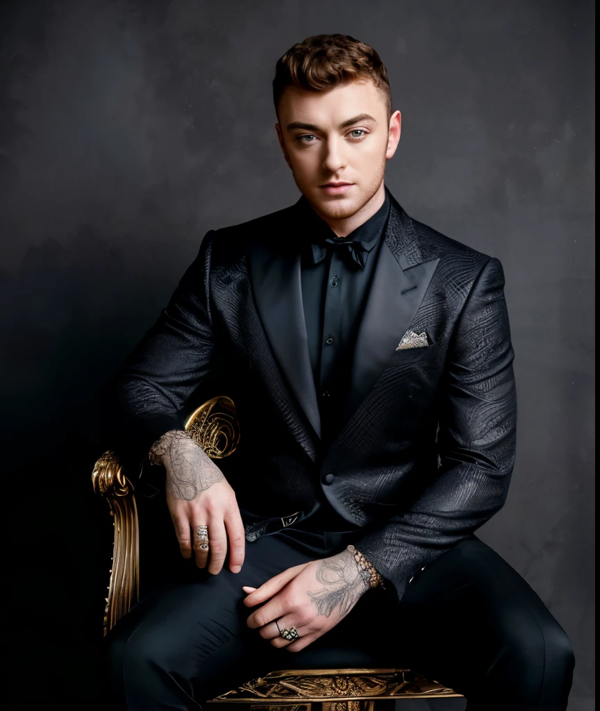 Portrait of Sam Smith wearing a sensual gothic outfit, with lace details that highlight its sophisticated and modern style. The suit has a devilish touch, with dark colors and intricate designs, combining classic elegance with a bold contemporary aesthetic