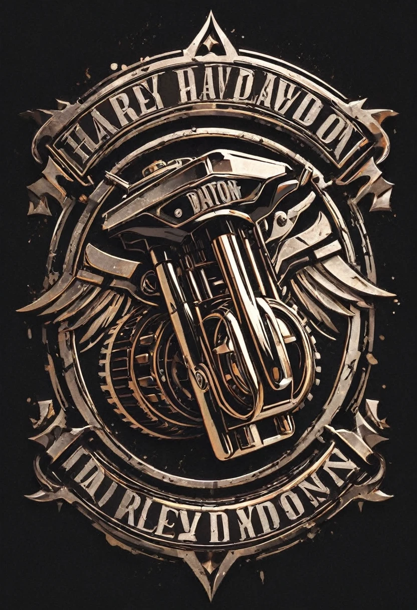 Harley Davidson Logo Design,t shirt design,robust style,just design,White background,no model,proffesional,hight contrast,high resolution,ultra detali,bright coloured,metallic details,sharp focus,Jumpy,dynamic composition,gritty texture,rough brushstrokes,Mechanical elements,Chrome Effect,classic typography,retro style,distressed look,aggressive lines and curves,3D rendering,impressive visual impact,dark shadows,strong brand presence,monochrome palette,Industrial aesthetics