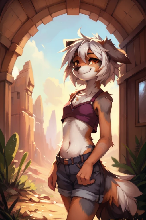 by kenket, by Zackary911, by hyattlen, by teranen, by fumiko, by Pixelsketcher, by Bayard Wu, by Einshelm, by Kilinah, by Hioshiru, by reysi, Furry, Anthro, solo, ((australian shepard)), ((female)), (slender), ((young)), ((fluffy tail)), grey fur, floppy ears, ears down, short white hair, short tail, chest fluff, desert, ribs, smug, 
