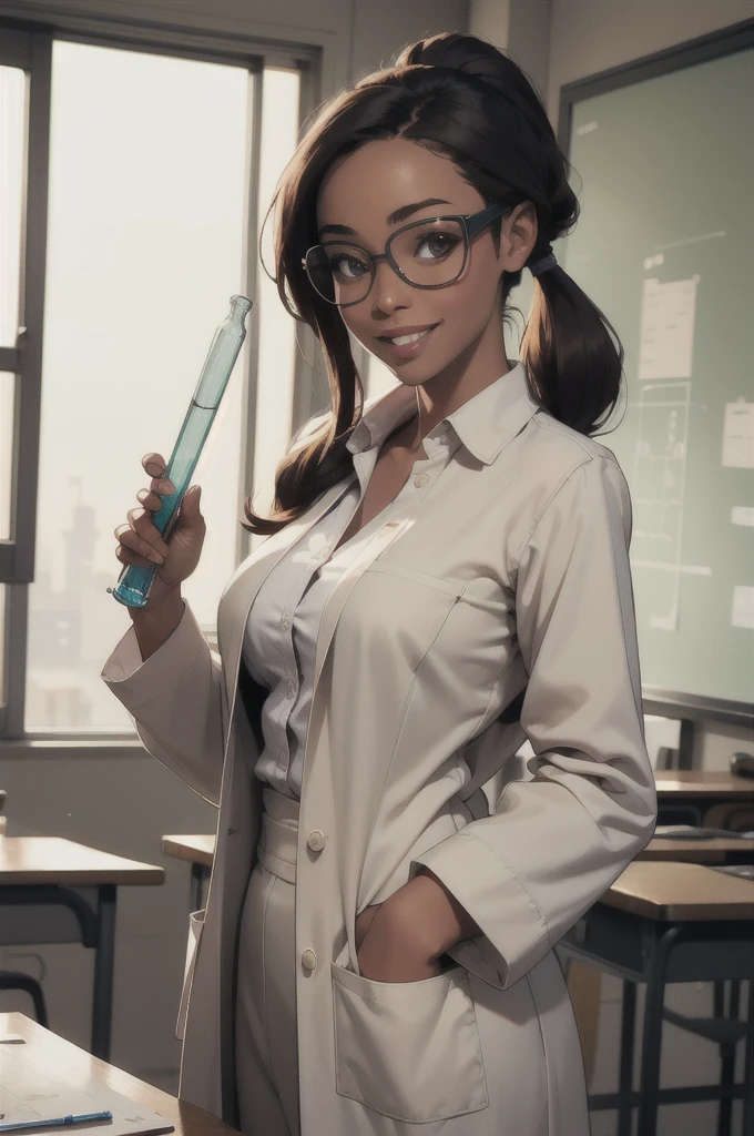 (masterpiece, best quality, highres, high resolution:1.2), extremely detailed, realistic, intricate details, Leilani, 40 year old african woman, medium natural breasts, beautiful face, , classroom, lab coat, goggles, standing behind science equipment, holding test tube, hair in pony tail, slacks, dress shirt, sfangle, smiling, glasses
