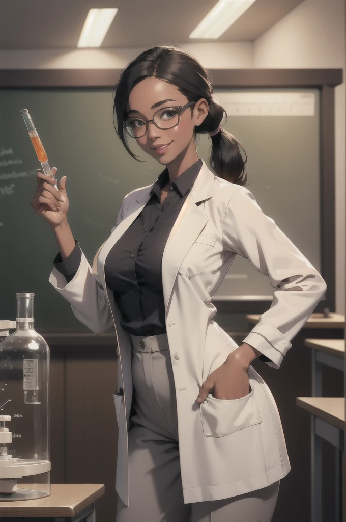 (masterpiece, best quality, highres, high resolution:1.2), extremely detailed, realistic, intricate details, Leilani, 40 year old african woman, medium natural breasts, beautiful face, , classroom, lab coat, goggles, standing behind science equipment, holding test tube, hair in pony tail, slacks, dress shirt, sfangle, smiling, glasses