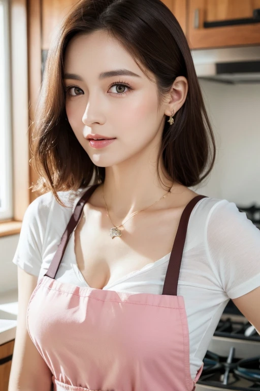 (Best quality, 8k, masterpiece: 1.3), a beautiful woman with perfect figure: 1.4, dark brown hair, wearing a pendant, wearing a pink apron, in the kitchen, highly detailed face and skin, detailed eyes, double eyelids, big breasts, bokeh, praturing2