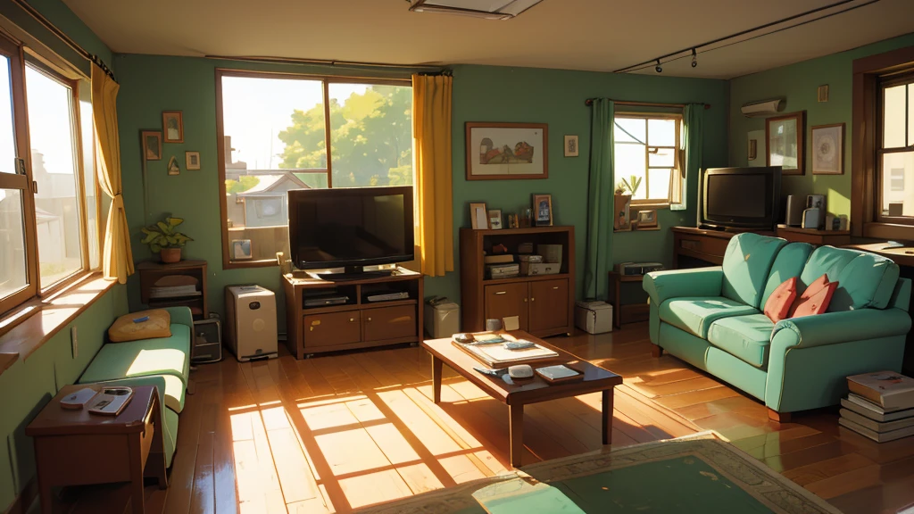 anime-style, inside a warm and non-modern house with old CRT tv and old sofas, all the stuffs are old but clean, it's day time and a god ray is coming inside the house through window.