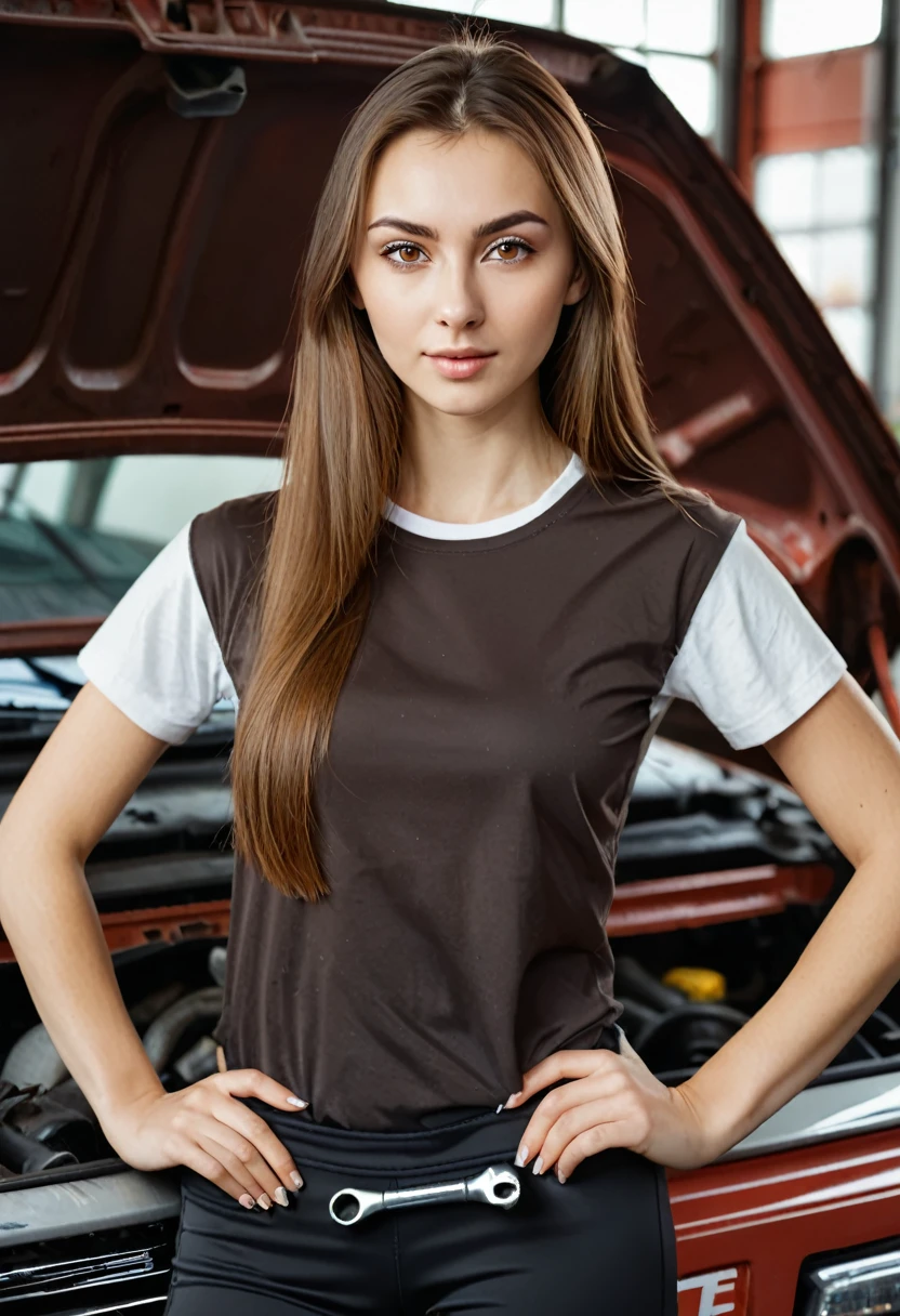 Photorealistic portrait of a young Russian woman with long, straight brown hair and big brown eyes. She's confidently leaning against a toolbox in a well-lit car repair shop, wearing a black, white, and very short T-shirt that reveals a hint of her midriff. She has tight black leggings on and is holding a wrench in a relaxed pose. There are scattered tools and car parts in the background.