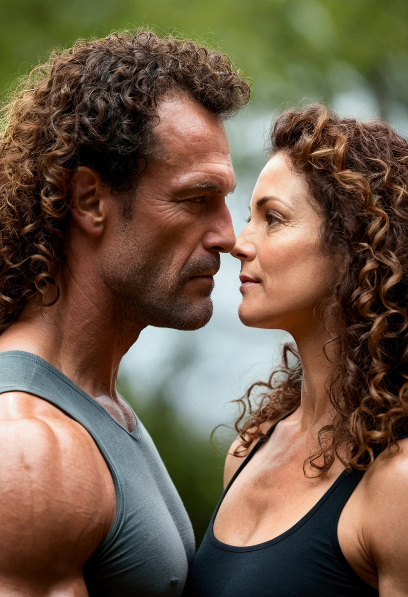 Create a picture of a man in his mid-forties with a gloomy appearance...square face muscular and a woman in her mid twenties with brown long curly hair both look at each other lovingly . 