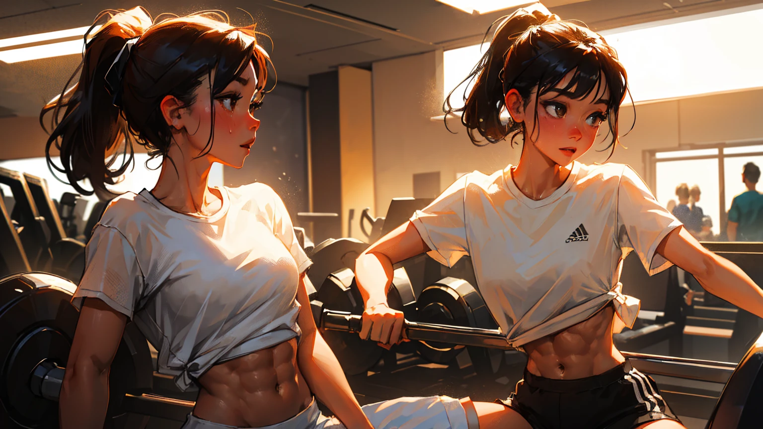 best quality, super fine, 16k, incredibly absurdres, extremely detailed, beautiful cute woman sweating in the gym, excited look, ivory short ponytail, wearing loose shirts, loose sports shorts, abs, superlative body proportion, lighting magic