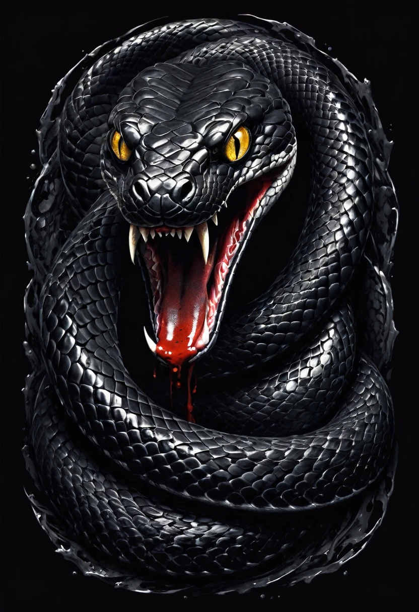 t-shirt design, Design a menacing black t-shirt with a fierce snake motif inspired by heavy metal music aesthetics. The artwork features a sleek, black snake coiled sinuously, its scales glistening in the dim light. The snake's mouth is wide open, revealing rows of razor-sharp teeth dripping with blood, exuding a sense of raw, primal aggression. The background is dark and shadowy, enhancing the ominous atmosphere of the design. The snake's eyes gleam with a malevolent glint, capturing the essence of danger and violence. The overall style is bold and intense, embodying the dark and edgy spirit of heavy metal music.
