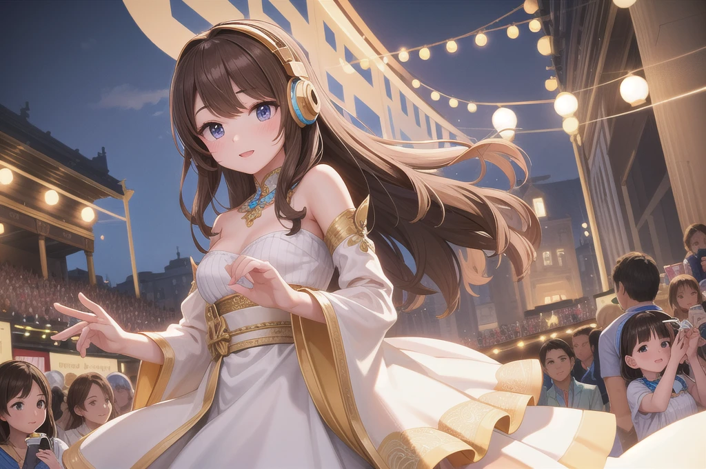 Beauty DJ,headphone,Distant shots,Godley,Brown Hair,Delicate fingers,Five Fingers,Delicate facial features,wearing gorgeous costume,Outdoor festival venue,Perfect buildings,From the audience's perspective,Seen from afar,4K,masterpiece,high quality,