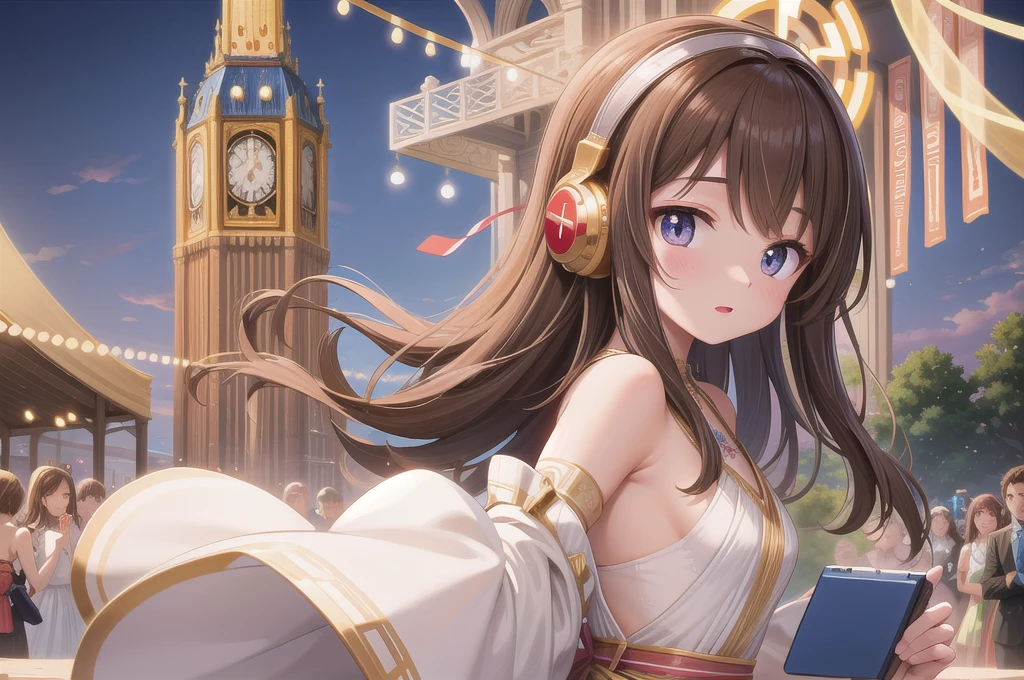Beauty DJ,headphone,Distant shots,Godley,Brown Hair,Delicate fingers,Five Fingers,Delicate facial features,wearing gorgeous costume,Outdoor festival venue,Perfect buildings,From the audience's perspective,Seen from afar,4K,masterpiece,high quality,