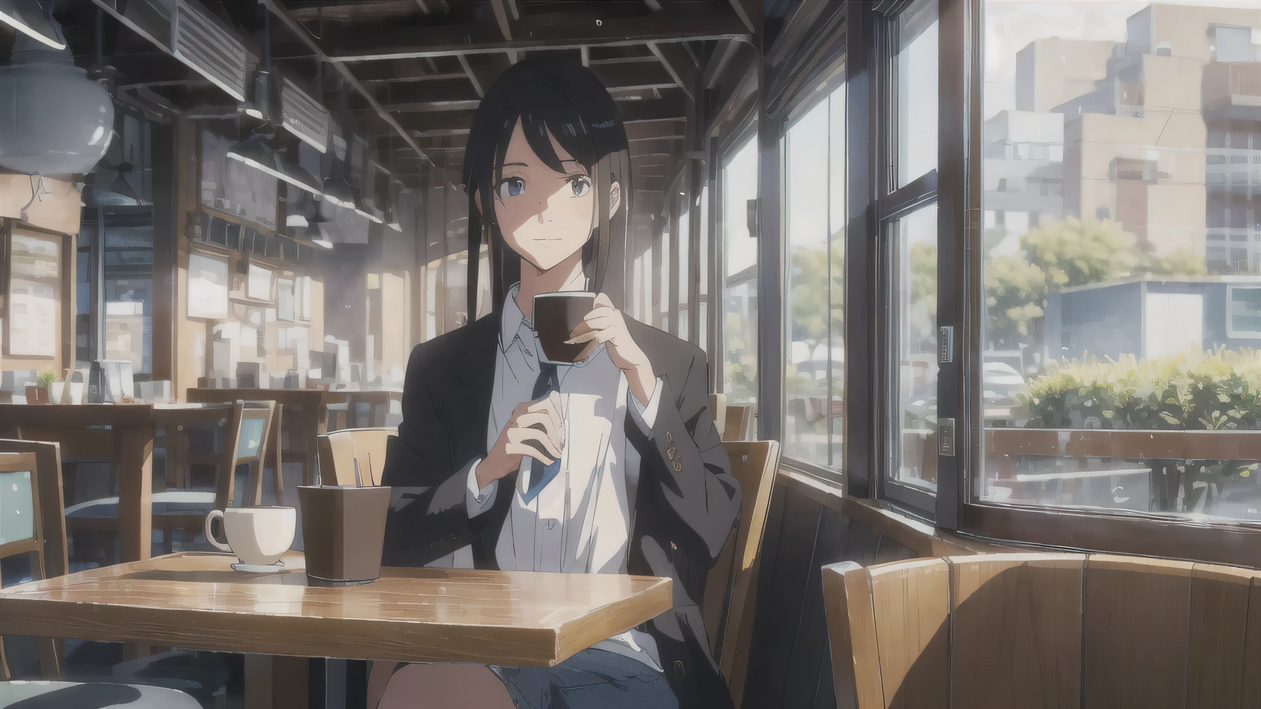 The Wind of Sincerity, anime, After the Rain, Moving visual effects, Natural glare. Wearing a dress shirt and tie,denim, A 20-year-old with a kind face drinking coffee alone at a cafe, Cute woman drinking coffee and listening to music happily,