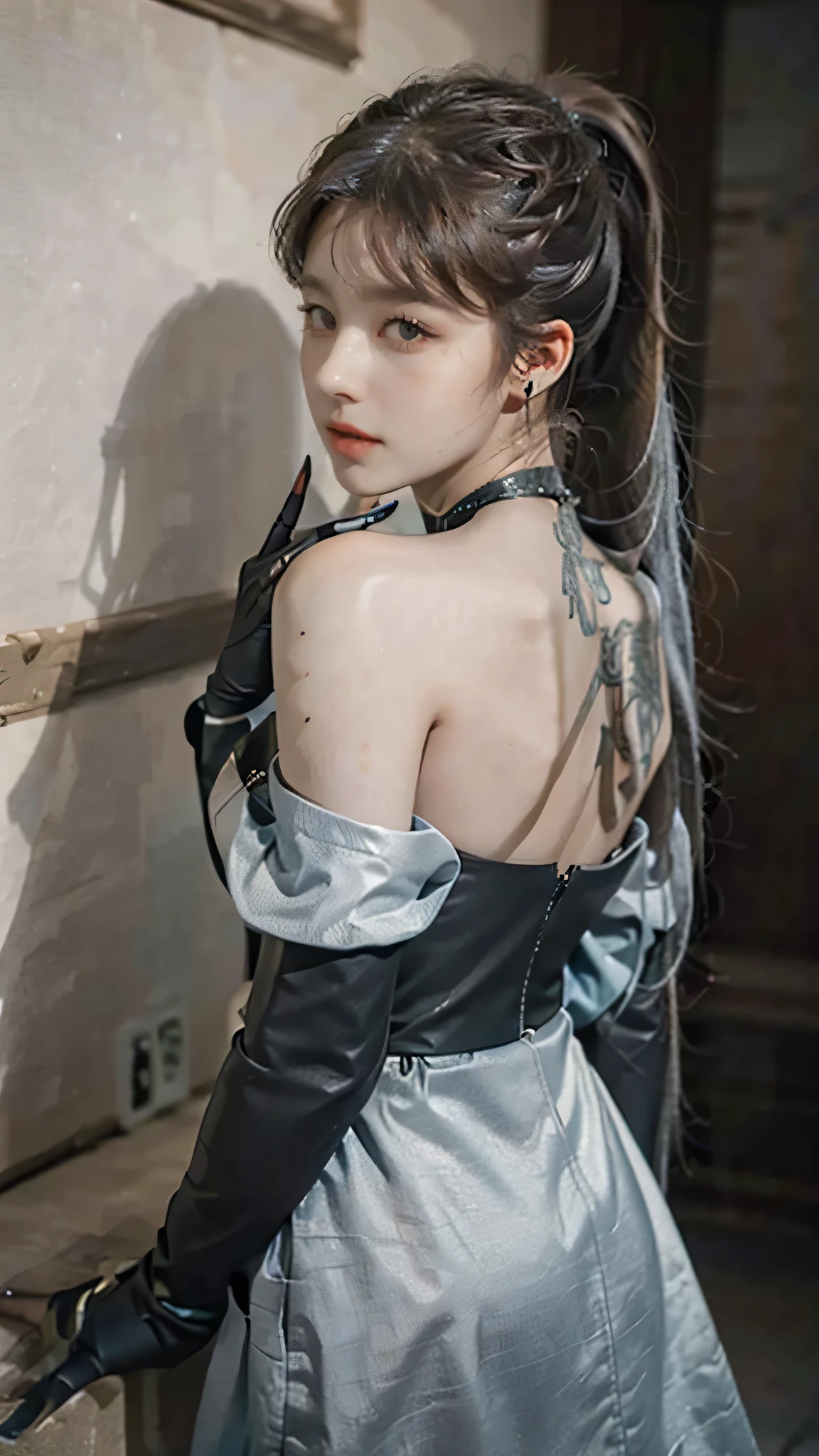 1girl, aqua eyes, back, bangs, bare shoulders, black gloves, blue eyes, braid, choker, earrings, fingerless gloves, from behind, gloves, grey hair, holding, jacket, jewelry, long hair, looking at viewer, looking back, nail polish, off shoulder, parted lips, piercing, ponytail, red jacket, solo, upper body,baiyi,[[realistic]],(shiny skin),(masterpiece:1.4),(best quality:1.4)