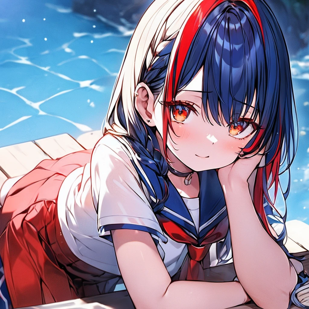masutepiece++, Best Quality++, ultra-definition++, ultra-definition++, rey tracing, 4K or more++, 8K or more++, Slight details, (Background Focus )++,Young woman with golden laurel wreath, (((Ultramarine hair))), (((White dip dyed hair))), (((red streaked hair))),sailor,Sailor collar,White shirt, skirt by the,anchor,