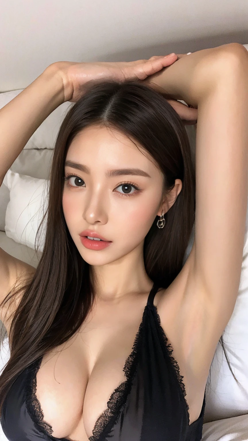 RAW Photos, Sleeping in bed, Professional Lighting, Facial Lighting, Written boundary depth, Single Focus, whole body, 20-year-old woman, Brown Hair, (big)), Stylish girl, Beautiful Eyes, True Face, Real Skin, True Face, Realistic Skin, Detailed eyes, yoga, (Fashionable hairstyles: 1.3) Dynamic pose, audience, Detailed expression of face and chest, announcer, Beautiful armpits, Black sheer babydoll,