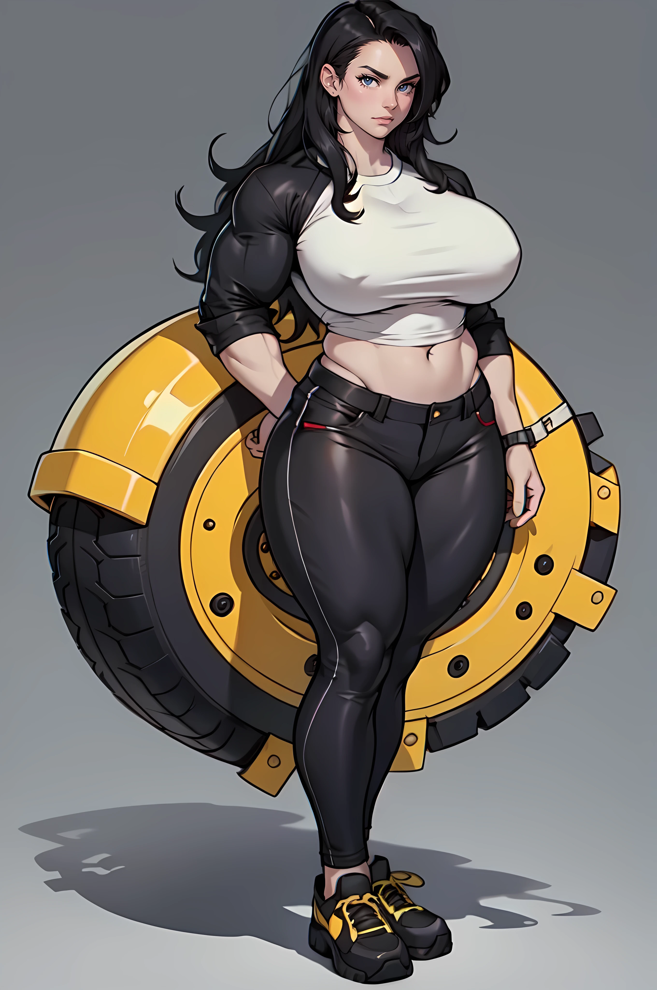 pale skin 1girl Massive Female Bodybuilder huge breasts thick thighs black hair yellow eyes bodybuilder (tight shirt and pants full body long hair grey background)
