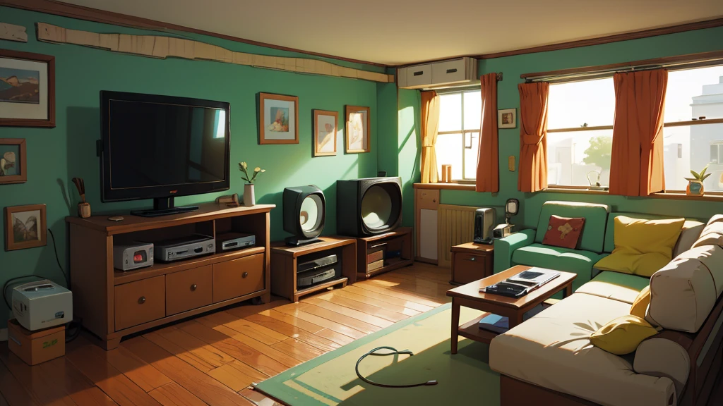 anime-style, inside a warm and non-modern house with an old CRT tv and old sofas, all the stuffs are old but clean, it's day time and a god ray is coming inside the house through window.