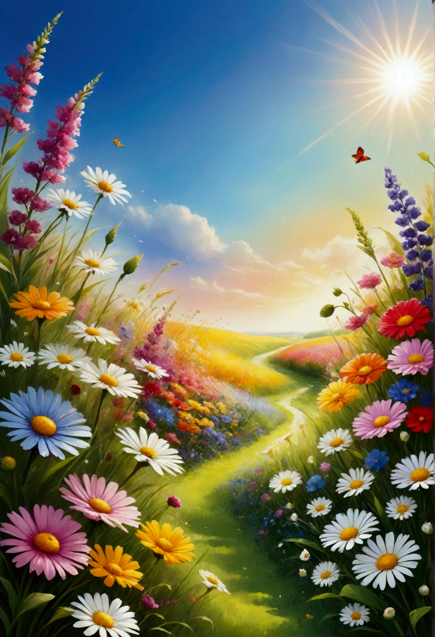 Invite : Une prairie vibrante en pleine floraison, avec des fleurs colorées se balançant doucement dans la brise, incarne l'essence du bonheur floral.