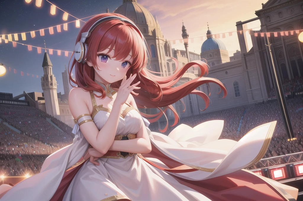 Beauty DJ,headphone,Distant shots,Godley,Red Hair,Delicate fingers,Five Fingers,Delicate facial features,wearing gorgeous costume,Outdoor festival venue,Perfect buildings,From the audience's perspective,Seen from afar,4K,masterpiece,high quality,