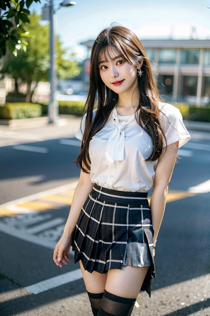 absurdres, 8K raw photo, best quality, ultra high res, 1girl, looking at viewer, natural skin texture, realistic eye and face details, smile, beautiful legs, skinny, slim legs, solo, ageyo sal, JAPANESE girl, sunshine, shiny hair, skirt, loose necktie, socks, shoes, , plaid, plaid skirt, shirt, loafers, knee highs, pleated skirt, full body, black footwear, black socks, realistic, (standing), sunshine, (((depth of field:1.4))), smile, absurdres, , detailed face, detailed eyes, see-through bangs,