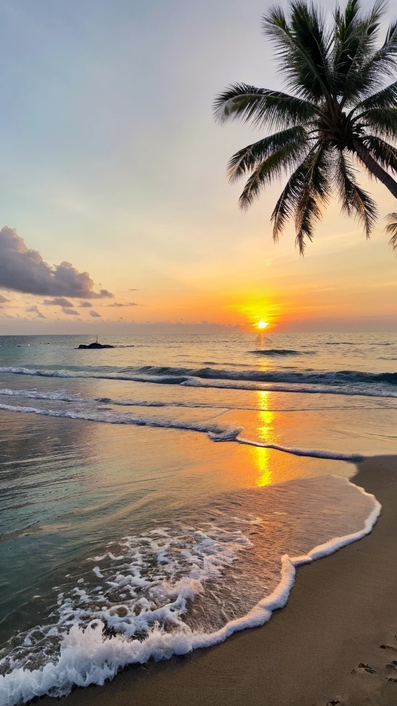 ((best qualityer)), ((work of art)), (detailded), A hyper-realistic image of a serene beach at sunset, captured on a cell phone camera by an influencer. The sky is painted with vibrant shades of orange, pink and purple, with some thin, golden clouds as the sun sets over the horizon, Creating a show of colors. The soft golden light reflects on the gentle waves, creating a sparkling effect in the water.
The beach is covered in fine white sand that feels soft to the touch.. The water is crystal clear, with gentle waves lapping the shore, creating a delicate foam that dissolves slowly.
The scene is peaceful and picturesque, with some distant silhouettes of coconut trees swaying gently in the breeze. The photo is taken from the perspective of an influencer who takes the photo with her cell phone, demonstrating naturalness and realism