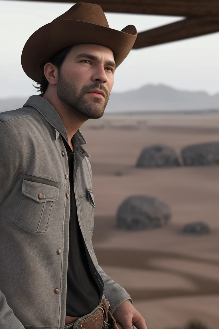 a man in wild west clothes, 25 years old, large build, among boulders, detailed portrait, highly realistic, 8k, photorealistic, dramatic lighting, cinematic, epic, gritty, rugged, dusty, cowboy, western, frontier
