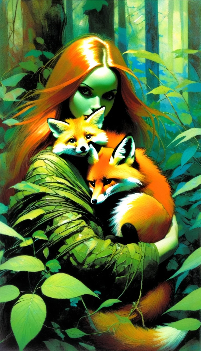 girl wrapped in plants with her pet fox, wild girl, in an attack position with her fox, leafy forest,(art inspired by Bill Sienkiewicz). oil painting) 
