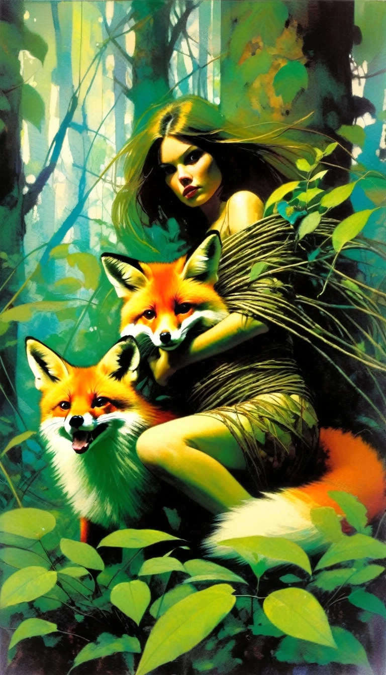 girl wrapped in plants with her pet fox, wild girl, in an attack position with her fox, leafy forest,(art inspired by Bill Sienkiewicz). oil painting) 