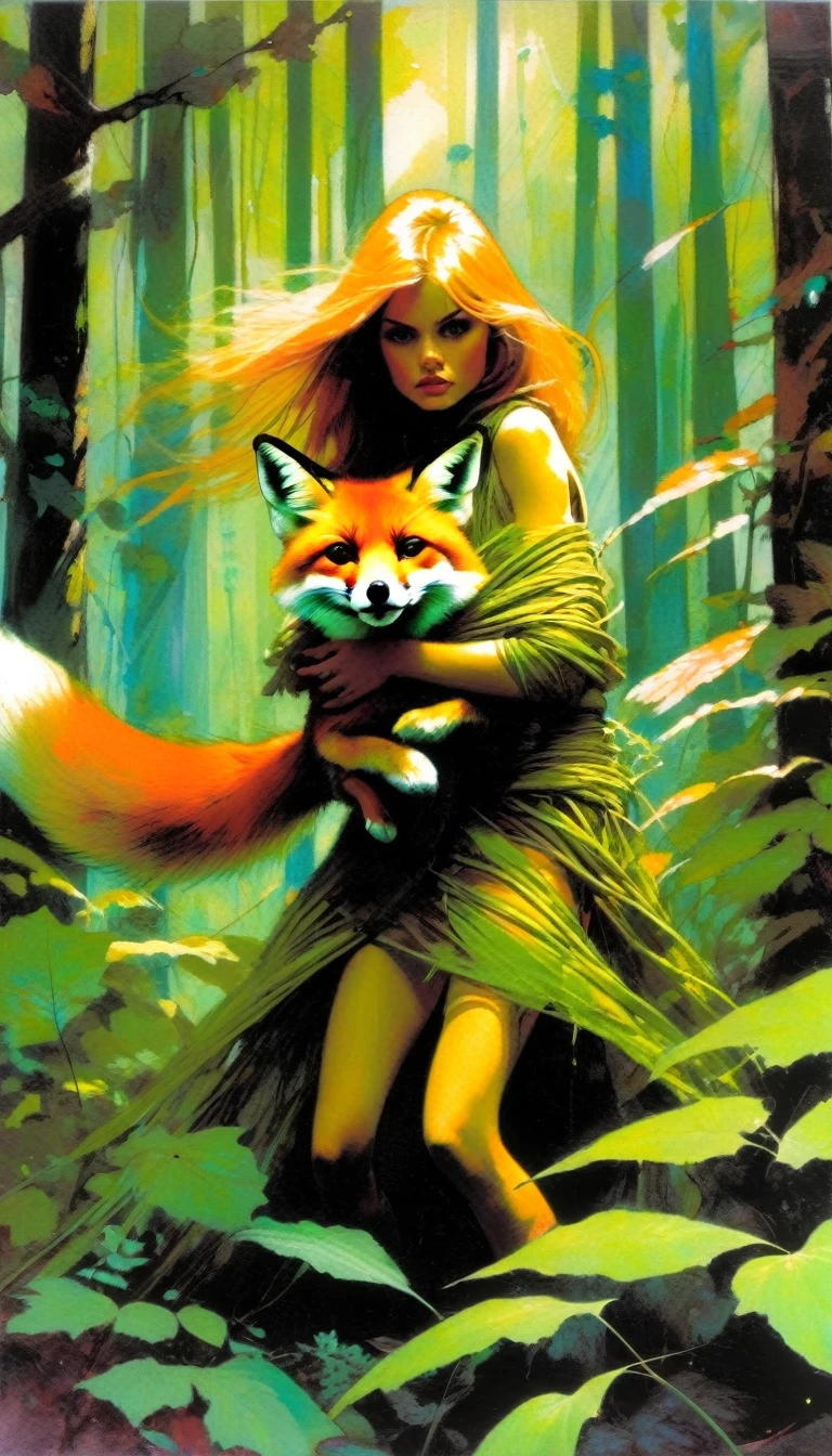 girl wrapped in plants with her pet fox, wild girl, in an attack position with her fox, leafy forest,(art inspired by Bill Sienkiewicz). oil painting)