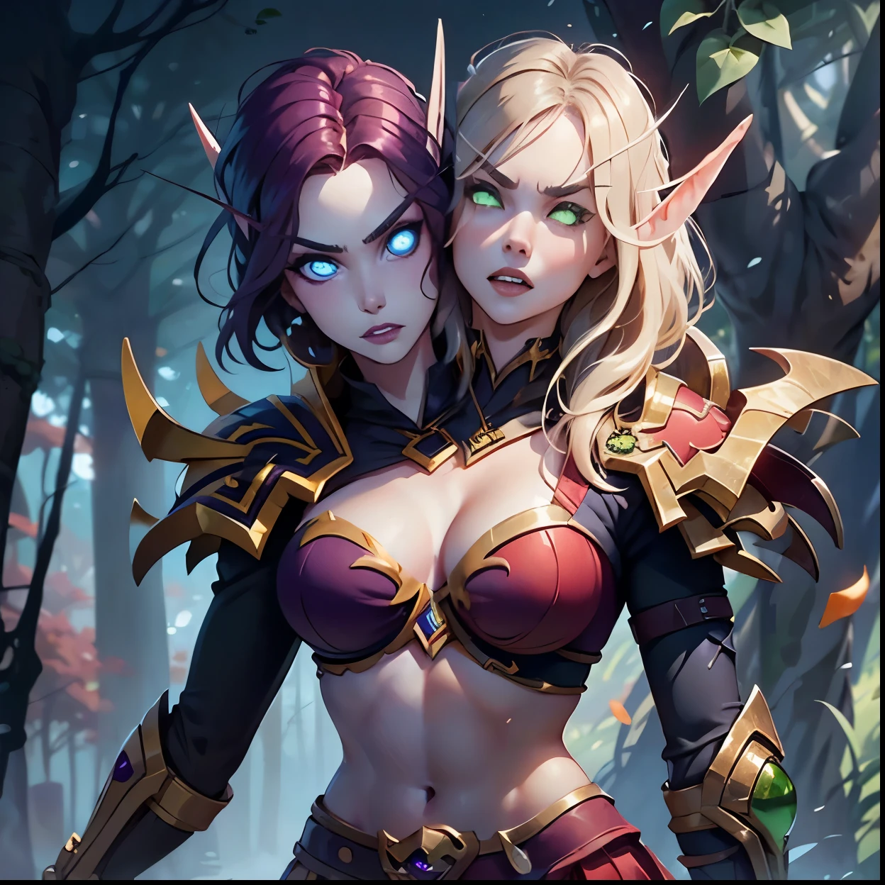 (1girl, long hair, spiral eyes, angry ,clenched teeth) (digital) (Upper Body) (Looking at viewer) (standing), (Orange Forest background), (short skirt)) , best quality, blonde hair, green eyes, armor, red armor, crop top, gold trim, Abdomen, navel, bloodelf, two heads, conjoined_dicephalus, body facing viewer,