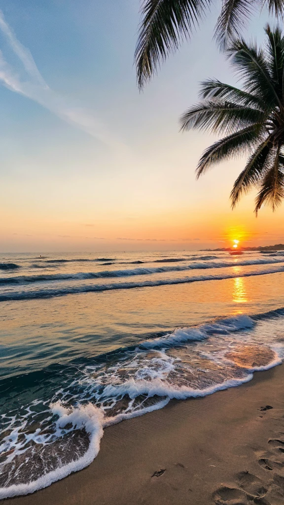 ((best qualityer)), ((work of art)), (detailded), A hyper-realistic image of a serene beach at sunset, captured on a cell phone camera by an influencer. The sky is painted with vibrant shades of orange, pink and purple, with some thin, golden clouds as the sun sets over the horizon, Creating a show of colors. The soft golden light reflects on the gentle waves, creating a sparkling effect in the water.
The beach is covered in fine white sand that feels soft to the touch.. The water is crystal clear, with gentle waves lapping the shore, creating a delicate foam that dissolves slowly.
The scene is peaceful and picturesque, with some distant silhouettes of coconut trees swaying gently in the breeze. The photo is taken from the perspective of an influencer who takes the photo with her cell phone, demonstrating naturalness and realism