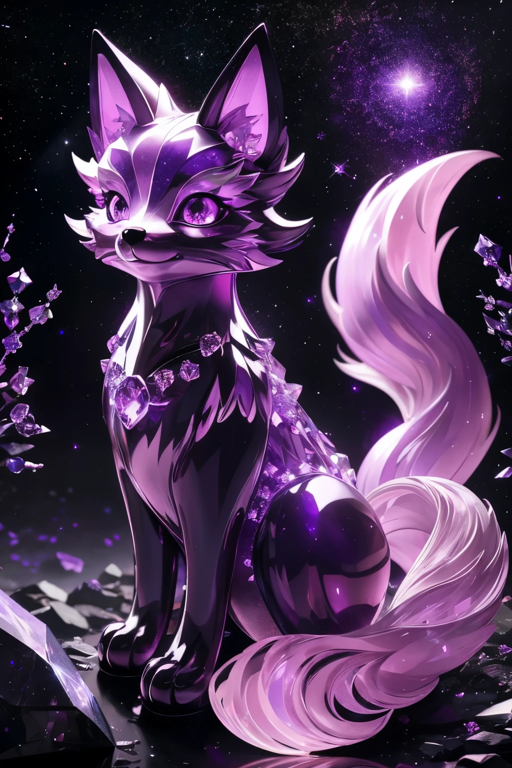 picture of cosmic purple fox with shiny crystal fur, nine crystal tails, nine crystal tails, nine crystallize tails, glowing purple eyes, starry night forest in background,((best quality)), ((masterpiece)), (detailed), high quality, Surreal art, shimmer, Approaching perfection, Ultra High Quality, Reflective materials, shadowy, Volumetric lighting, 8K resolution, ultra-detailed, crystal fox, detailed eyes, detailed paws, light purple fur, light purple fox ears, well-proportioned detailed purple eyes, (absurderes:1.2), exquisitely crafted fox, night aura, Ethereal,