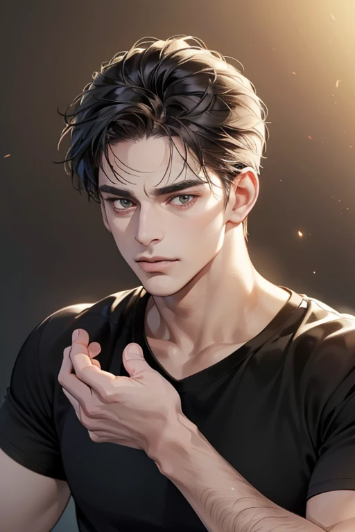 (Best quality,4K,8K,a high resolution,masterpiece:1.2),ultra detailed,(realistic,photorealistic,photo-realistic:1.37),39 year old man,Beautiful anime,portraits,strong,masculine,dark hair,Sharp jawline,Mesmerizing eyes,Perfectly styled hair,confident expression,bright colors,dynamic lighting,Brown eyes,(Black T-shirt),(dark skin),((mature man, man 40 years old)), (square jaw)