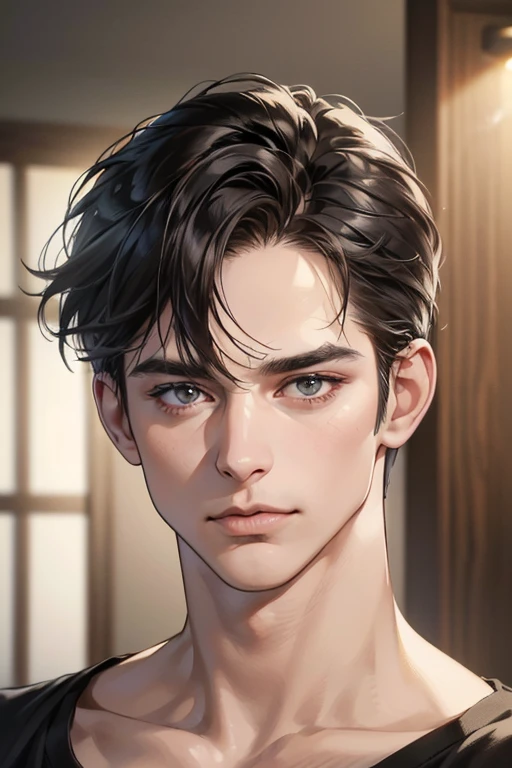 (Best quality,4K,8K,a high resolution,masterpiece:1.2),ultra detailed,(realistic,photorealistic,photo-realistic:1.37),39 year old man,Beautiful anime,portraits,strong,masculine,dark hair,Sharp jawline,Mesmerizing eyes,Perfectly styled hair,confident expression,bright colors,dynamic lighting,Brown eyes,(Black T-shirt),(dark skin),((mature man, man 40 years old)), (square jaw)