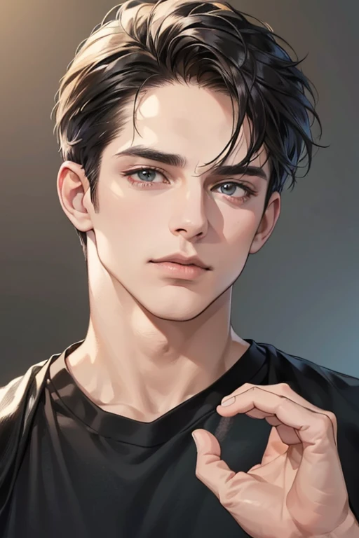 (Best quality,4K,8K,a high resolution,masterpiece:1.2),ultra detailed,(realistic,photorealistic,photo-realistic:1.37),39 year old man,Beautiful anime,portraits,strong,masculine,dark hair,Sharp jawline,Mesmerizing eyes,Perfectly styled hair,confident expression,bright colors,dynamic lighting,Brown eyes,(Black T-shirt),(dark skin),((mature man, man 40 years old)), (square jaw)