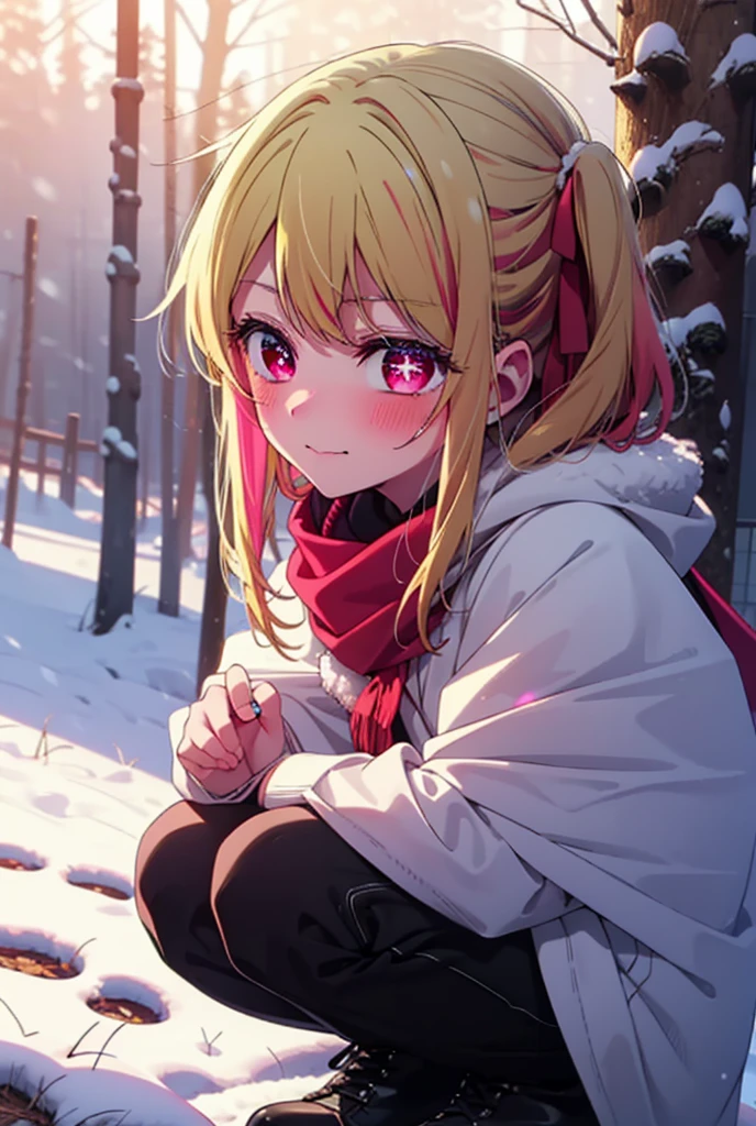 rubyhoshino, Hoshino Ruby, Long Hair, bangs, blonde, (Pink Eyes:1.3), Side Lock, (Symbol-shaped pupil:1.5), Multicolored Hair, Two-tone hair, smile,,smile,blush,white breath,
Open your mouth,snow,Ground bonfire, Outdoor, boots, snowing, From the side, wood, suitcase, Cape, Blurred, , forest, White handbag, nature,  Squat, Mouth closed, Cape, winter, Written boundary depth, Black shoes, red Cape break looking at viewer, Upper Body, whole body, break Outdoor, forest, nature, break (masterpiece:1.2), Highest quality, High resolution, unity 8k wallpaper, (shape:0.8), (Beautiful and beautiful eyes:1.6), Highly detailed face, Perfect lighting, Extremely detailed CG, (Perfect hands, Perfect Anatomy),