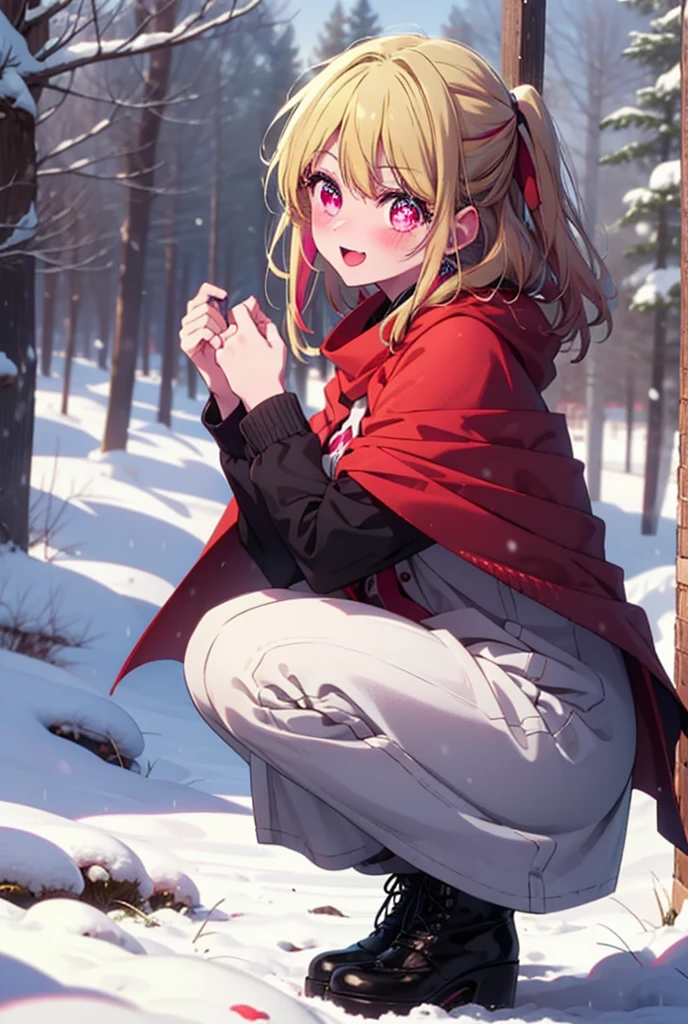 rubyhoshino, Hoshino Ruby, Long Hair, bangs, blonde, (Pink Eyes:1.3), Side Lock, (Symbol-shaped pupil:1.5), Multicolored Hair, Two-tone hair, smile,,smile,blush,white breath,
Open your mouth,snow,Ground bonfire, Outdoor, boots, snowing, From the side, wood, suitcase, Cape, Blurred, , forest, White handbag, nature, Squat, Mouth closed, Cape, winter, Written boundary depth, Black shoes, red Cape break looking at viewer, Upper Body, whole body, break Outdoor, forest, nature, break (masterpiece:1.2), Highest quality, High resolution, unity 8k wallpaper, (shape:0.8), (Beautiful and beautiful eyes:1.6), Highly detailed face, Perfect lighting, Extremely detailed CG, (Perfect hands, Perfect Anatomy),