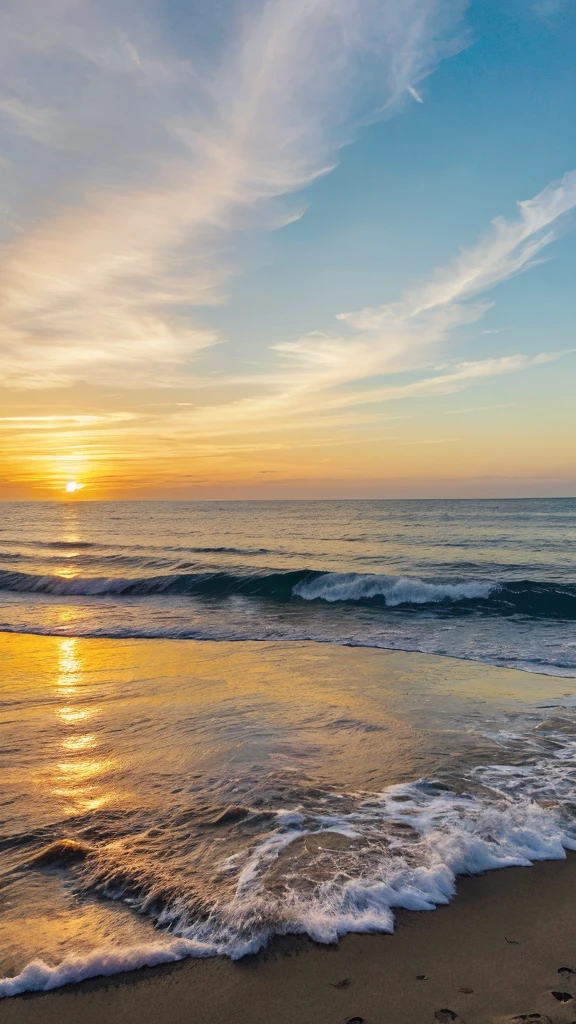 ((best qualityer)), ((work of art)), (detailded), A hyper-realistic image of a serene beach at sunset, captured on a cell phone camera by an influencer. The sky is painted with vibrant shades of orange, pink and purple, with some thin, golden clouds as the sun sets over the horizon, Creating a show of colors. The soft golden light reflects on the gentle waves, creating a sparkling effect in the water.

The beach is covered in fine white sand that feels soft to the touch..  The water is crystal clear, with gentle waves lapping the shore, creating a delicate foam that dissolves slowly.

The scene is peaceful and picturesque, with some distant silhouettes of coconut trees swaying gently in the breeze.  The photo is taken from the perspective of an influencer who takes the photo with her cell phone, demonstrating naturalness and realism