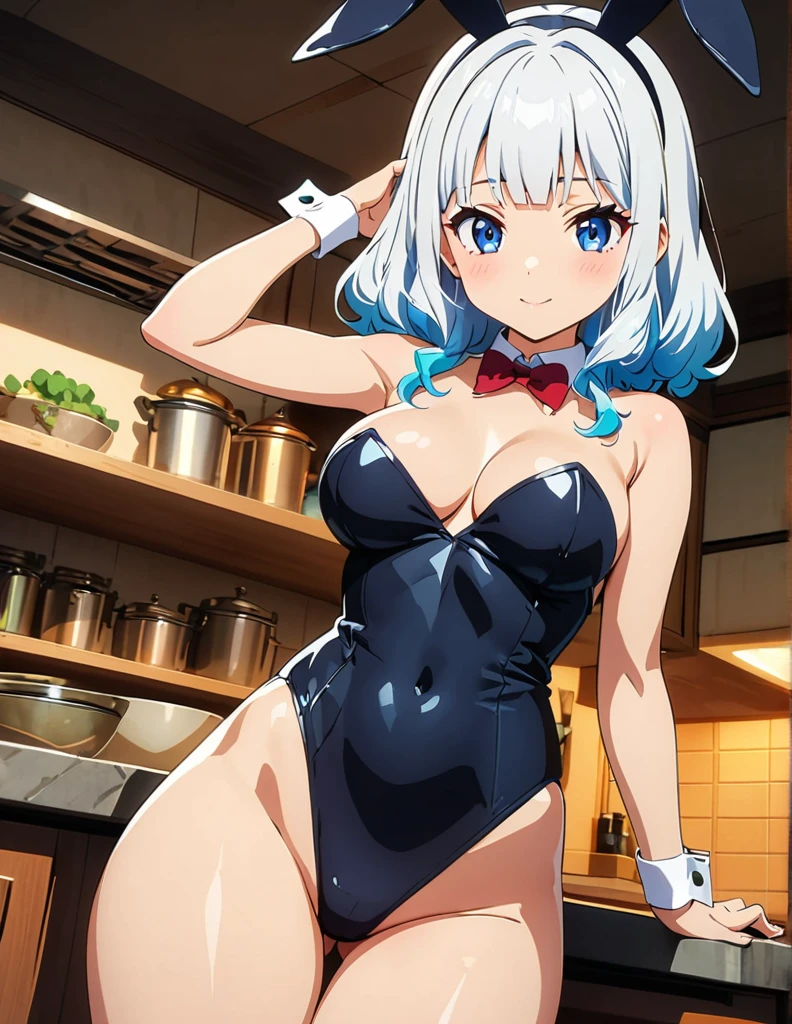 (anime artwork, anime style, studio anime, very detailed, up to date, vibrant, Anime Coloring, high contrast, masterpiece:1.2, best quality, best aesthetics),2 girl, Medium chest, A glimpse of thighs,random hair, One eye is hidden by the bangs, perfect proportions, high detail skin, Cute, detailed faces,kitchen, precise fingers, large breasts,bar,playboy bunny,nsfw,