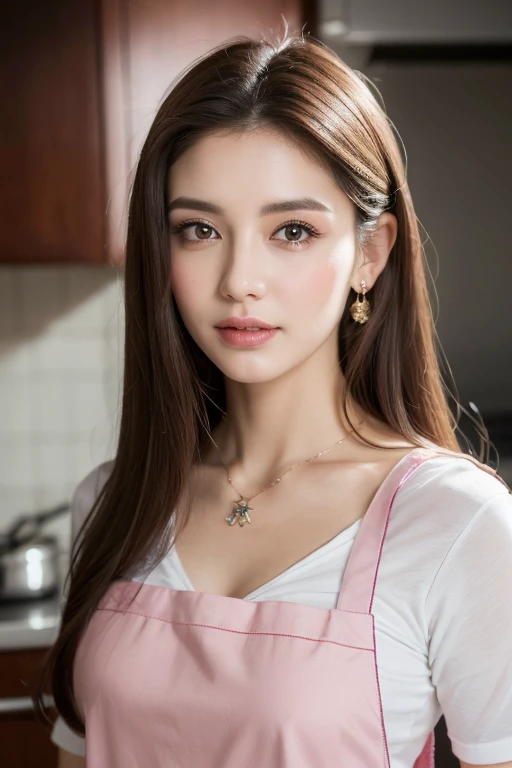 (Best quality, 8k, masterpiece: 1.3), a beautiful woman with perfect figure: 1.4, dark brown hair, wearing a pendant, wearing a pink apron, in the kitchen, highly detailed face and skin, detailed eyes, double eyelids, big breasts, bokeh, praturing2, cowboy_shot)