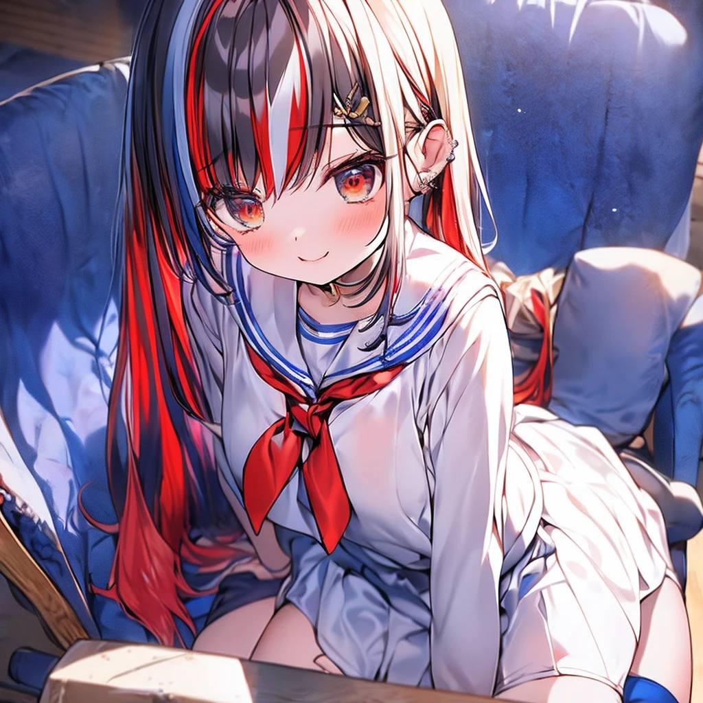 masutepiece++, Best Quality++, ultra-definition++, ultra-definition++, rey tracing, 4K or more++, 8K or more++, Slight details, (Background Focus )++,Young woman with golden laurel wreath, (((Ultramarine hair))), (((White dip dyed hair))), (((red streaked hair))),sailor,Sailor collar,White shirt, skirt by the,anchor,