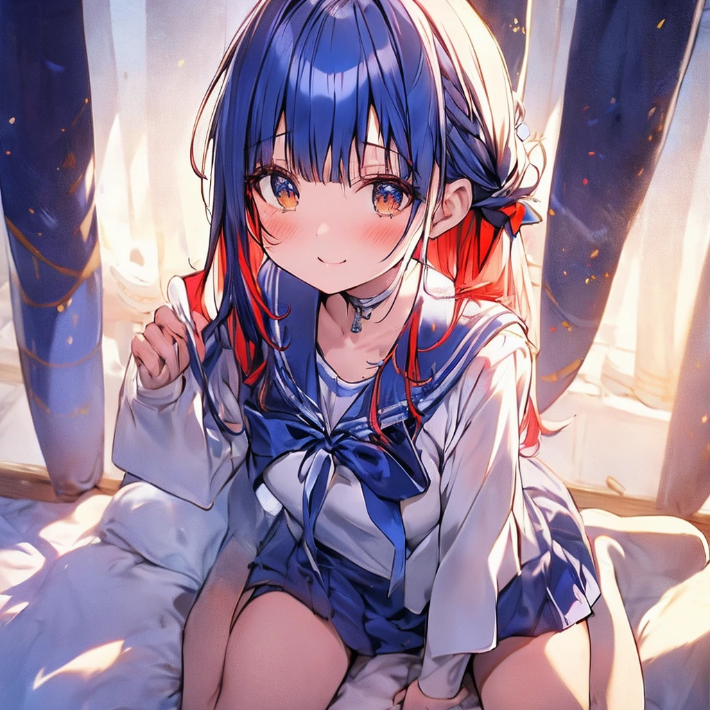 masutepiece++, Best Quality++, ultra-definition++, ultra-definition++, rey tracing, 4K or more++, 8K or more++, Slight details, (Background Focus )++,Young woman with golden laurel wreath, (((Ultramarine hair))), (((White dip dyed hair))), (((red streaked hair))),sailor,Sailor collar,White shirt, skirt by the,anchor,