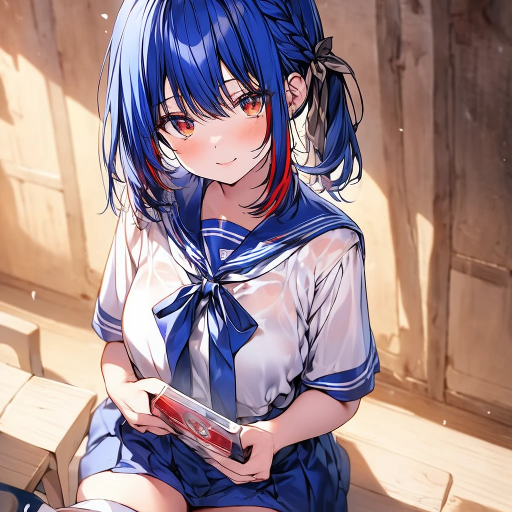 masutepiece++, Best Quality++, ultra-definition++, ultra-definition++, rey tracing, 4K or more++, 8K or more++, Slight details, (Background Focus )++,Young woman with golden laurel wreath, (((Ultramarine hair))), (((White dip dyed hair))), (((red streaked hair))),sailor,Sailor collar,White shirt, skirt by the,anchor,
