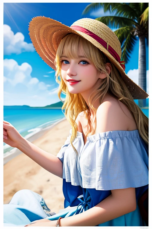 rococo style, (movie poster:1.2), soft lighting, (dramatic angle:1.25), (solo:1.4), (1girl), ((blonde hair), long curly hair), blue eyes, (smile), beach straw hat, (off-shoulder shirt), hat flower, (looking to the side:1.3), fantastic colorful, sea, coconut tree, blue sky with clouds, (beach:1.3), (masterpiece:1.2), ultra-detailed, (best quality), illustration, (Depth of field)