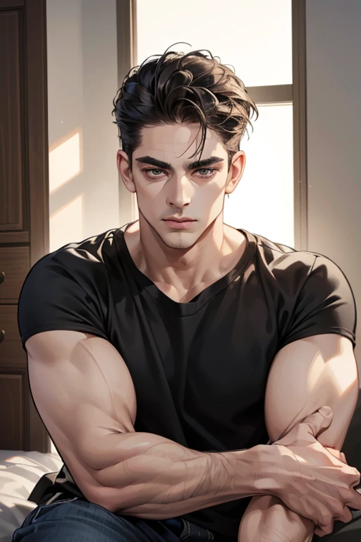 (Best quality,4K,8K,a high resolution,masterpiece:1.2),ultra detailed,(realistic,photorealistic,photo-realistic:1.37),39 year old man,Beautiful anime,portraits,strong,masculine,dark hair,Sharp jawline,Mesmerizing eyes,Perfectly styled hair,confident expression,bright colors,dynamic lighting,Brown eyes,(Black T-shirt),(dark skin),((mature man, man 40 years old)), (square jaw)