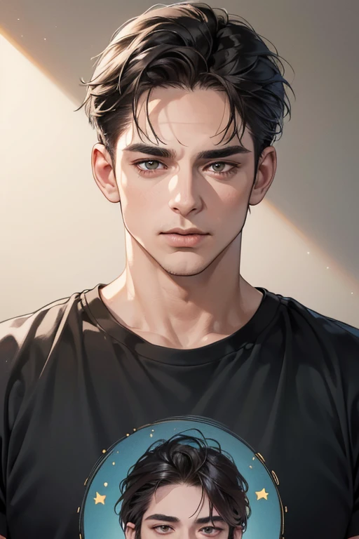 (Best quality,4K,8K,a high resolution,masterpiece:1.2),ultra detailed,(realistic,photorealistic,photo-realistic:1.37),39 year old man,Beautiful anime,portraits,strong,masculine,dark hair,Sharp jawline,Mesmerizing eyes,Perfectly styled hair,confident expression,bright colors,dynamic lighting,Brown eyes,(Black T-shirt),(dark skin),((mature man, man 40 years old)), (square jaw)