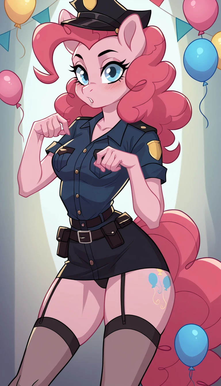 solo, girl, police uniform, sexy roleplay, seductive posing, NSFW, mlp style, anthro character, Pinkie Pie, pink skin, long curly rose hair, sexy opaque stockings, little breasts, surprise birthday party, at bedroom, seduce, offering body, offering pose, arousal