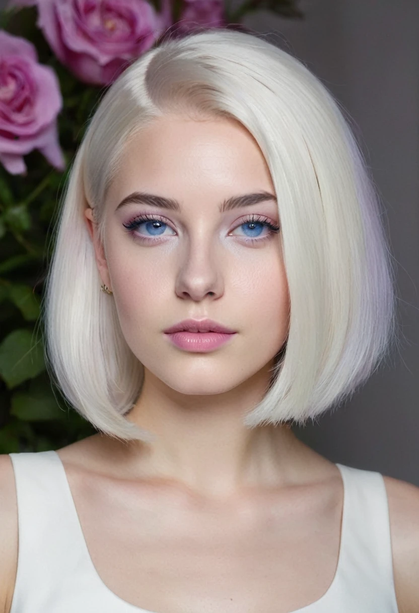 20 year old woman with platinum blonde hair, extremely white skin, semi-arched eyebrow, Oval face, wearing a white Cleopatra style dress, rosy lips, shoulder length hair. blue colored eyes, the ends of the hair are light lilac. Long straight bob haircut. hair parted in the middle. european woman. Has a small, thin nose, angelic facial features.